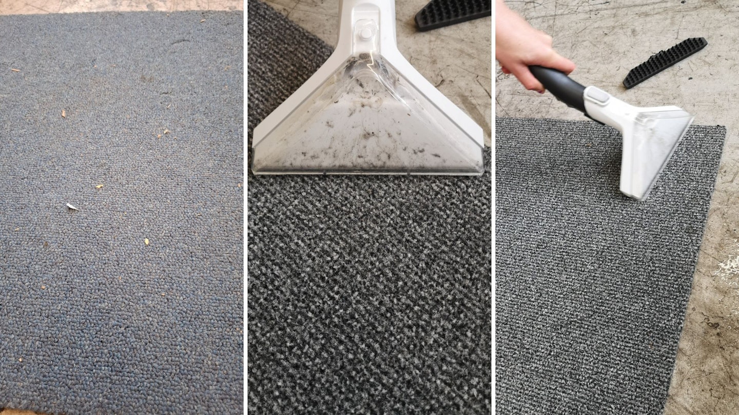 Extra-wide 2-in-1 wash tool used on a grey carpet tile