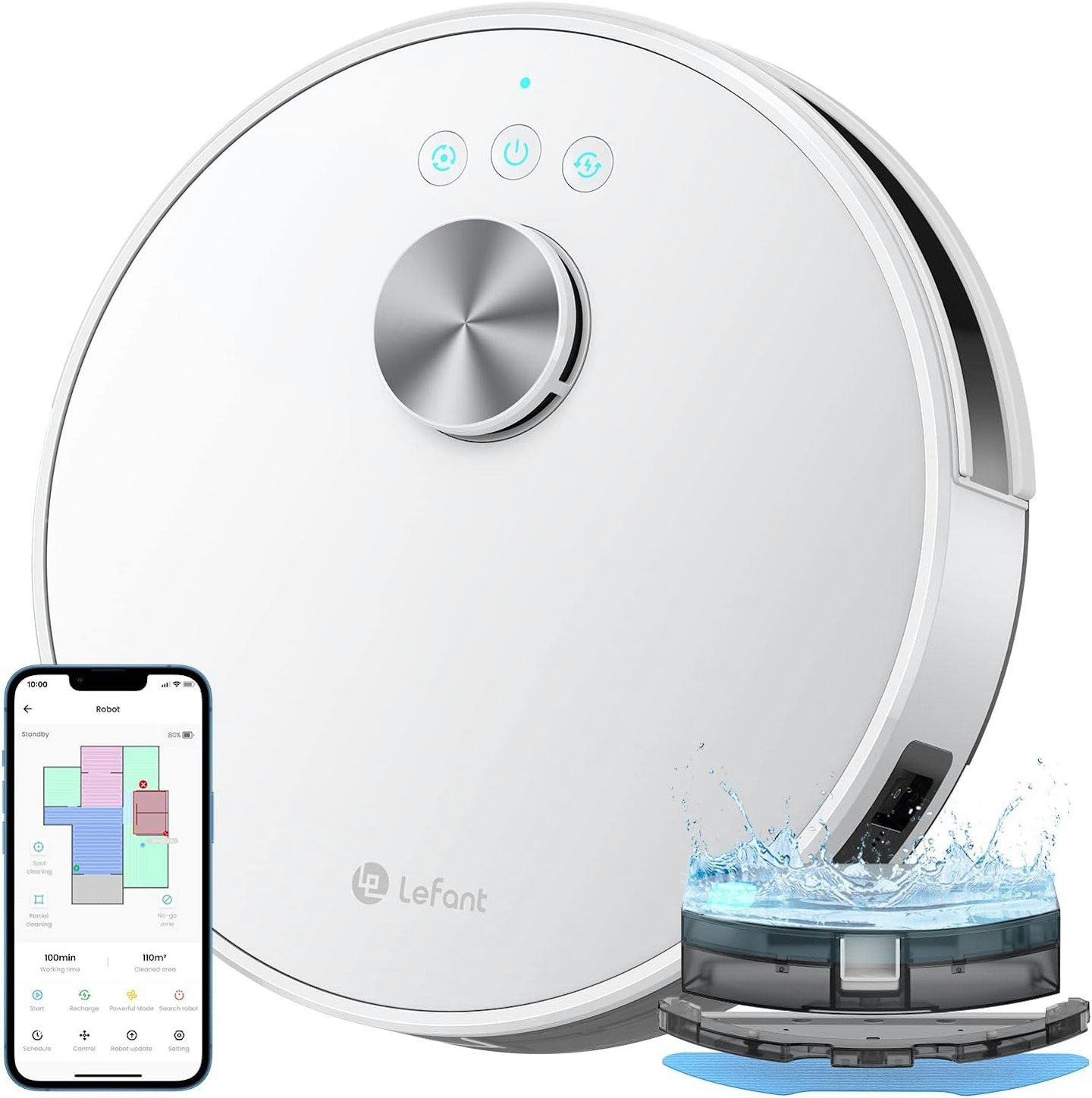 Image of the Lefant M1 Robot Vacuum Cleaner with Mop with the mobile app shown