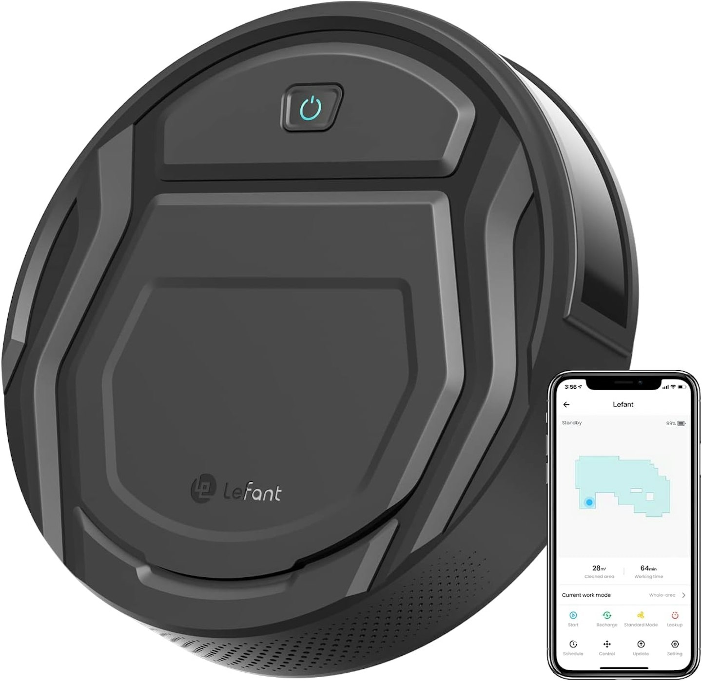 Image of the Lefant M210P Robot Vacuum Cleaner with the mobile app shown