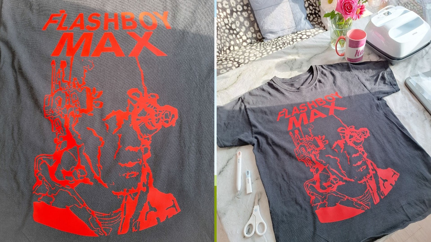 The completed t-shirt design 'Flashboy Max' made with Smart Iron-on vinyl and a Cricut EasyPress