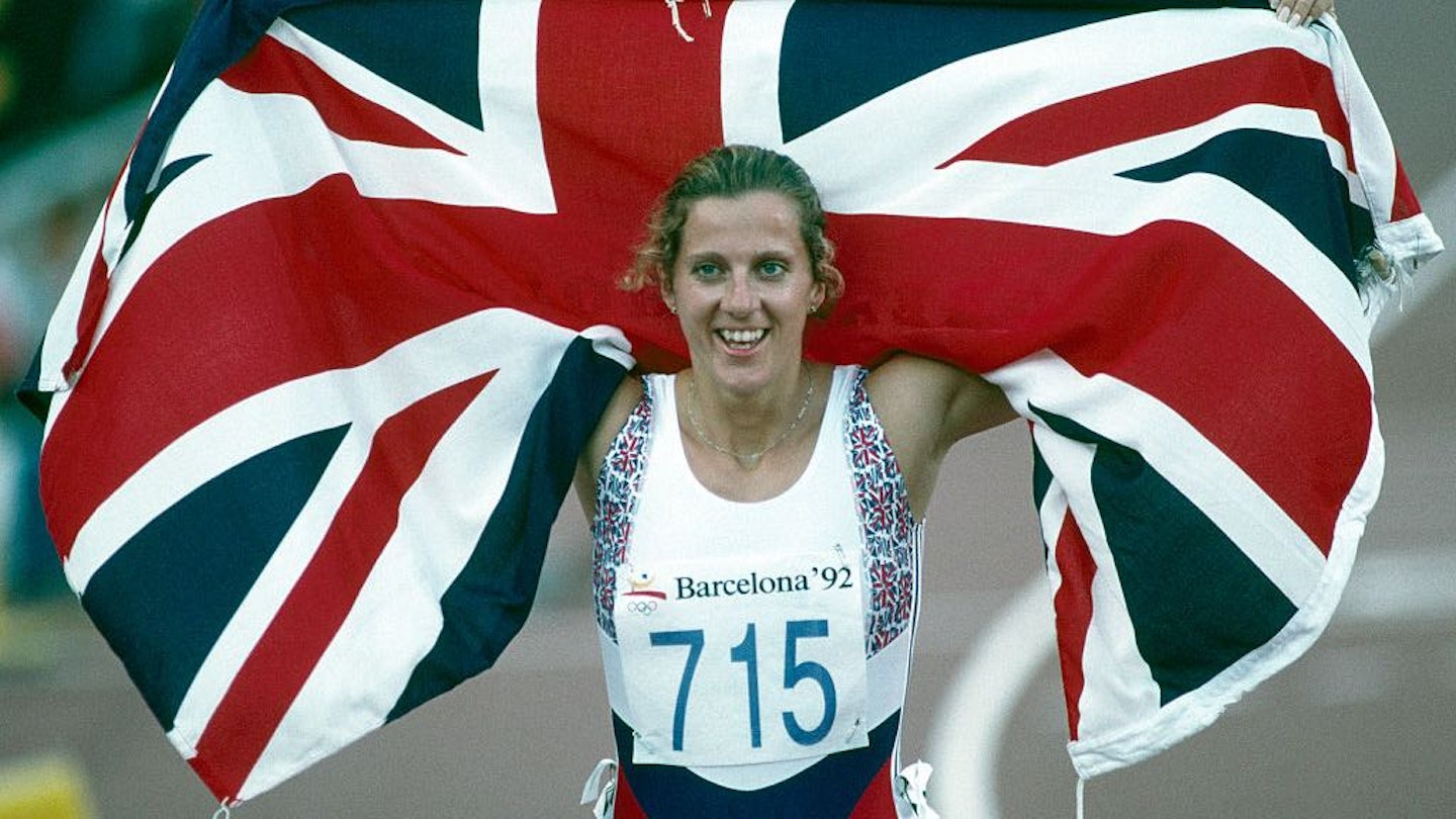 Sally Gunnell with a Union Jack Flag at the 1992 Olympics