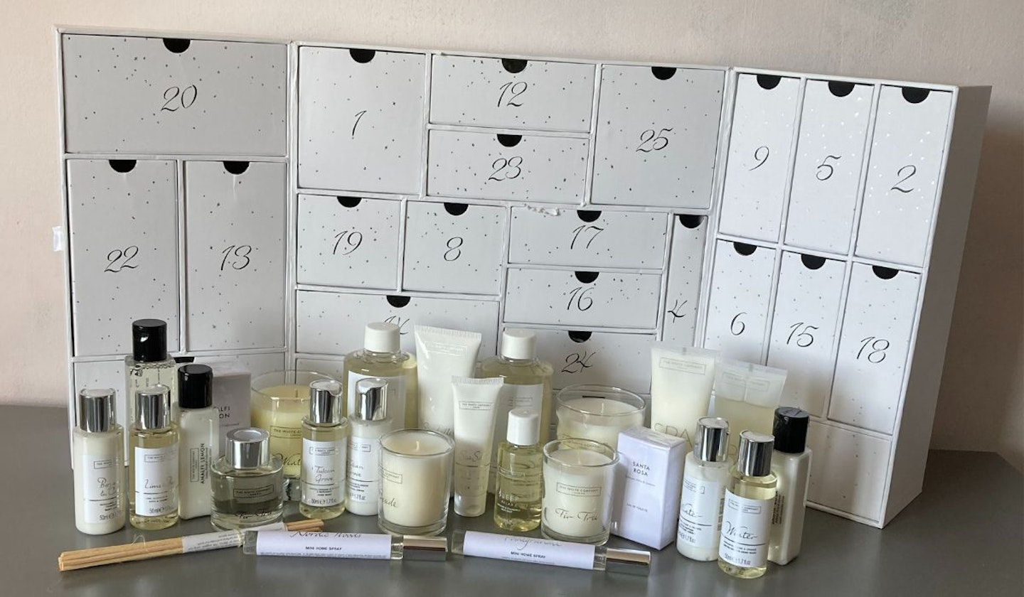 The White Company Advent Calendar products in front of the Advent calendar