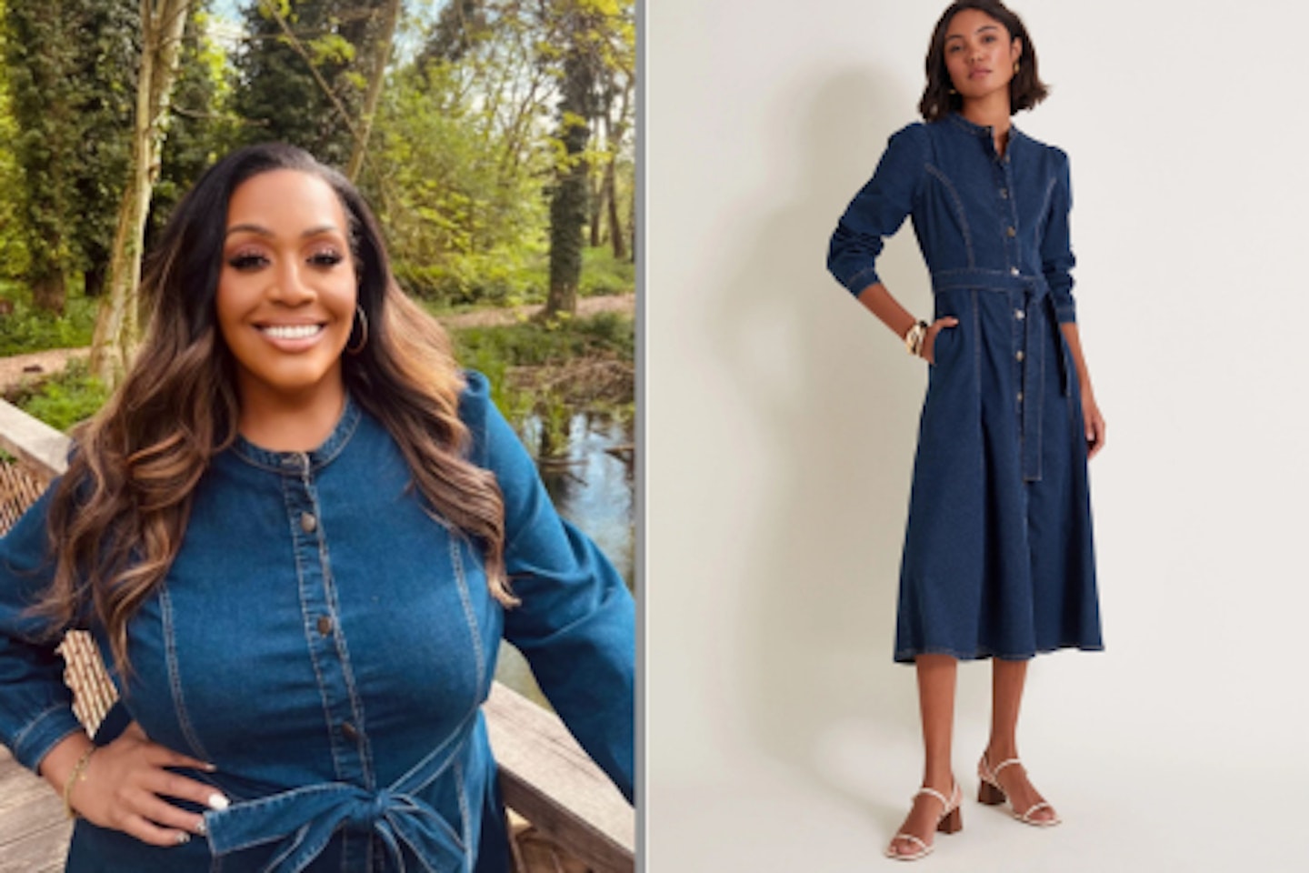 Alison wearing a denim dress and Monsoon Lulu Denim Dress Blue