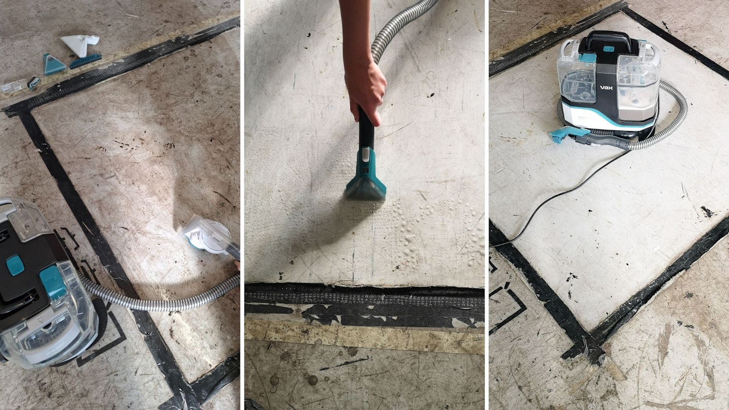 Using all of the Vax spot cleaner tools on a section of hard floor, with before and after results