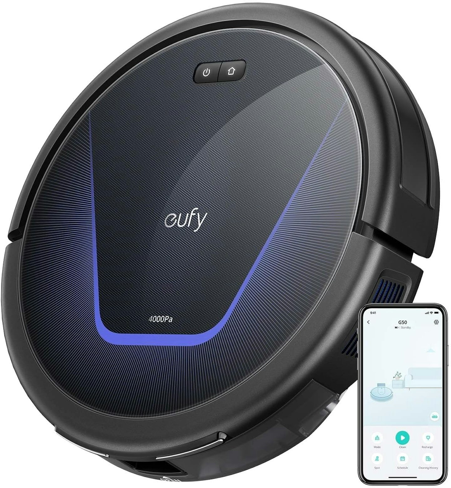 Image of the eufy G50 Robot Vacuum Cleaner with the mobile app