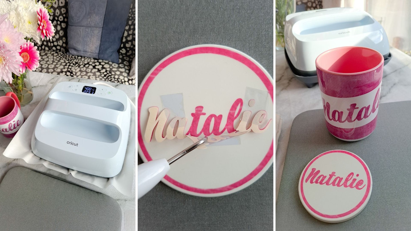 Revealing a personalised coaster that says Natalie, made with Cricut Infusible Ink and an EasyPress 3