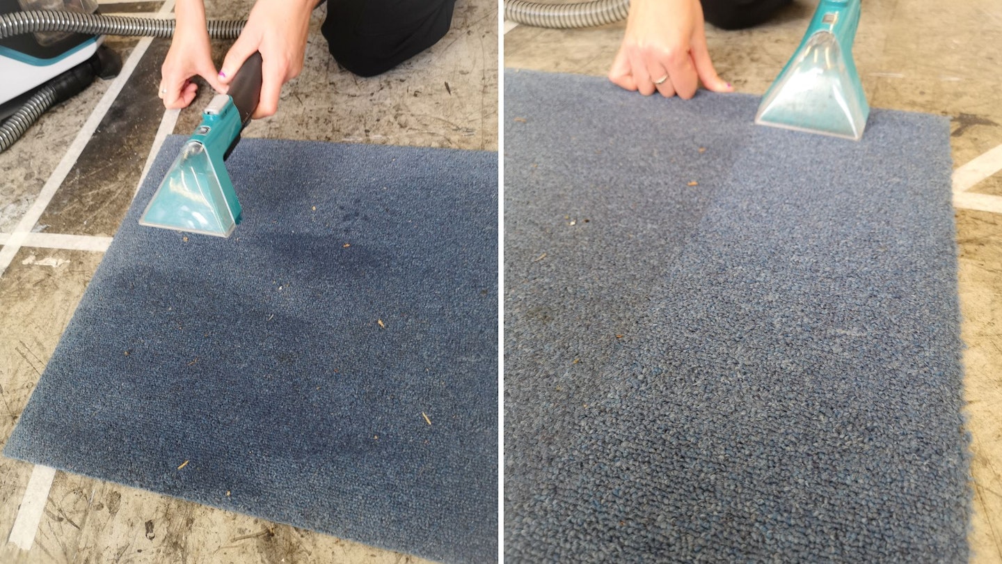 VAX SpotWash Max Pet-Design spot cleaner with messy clean up tool on a carpet tile - before and after