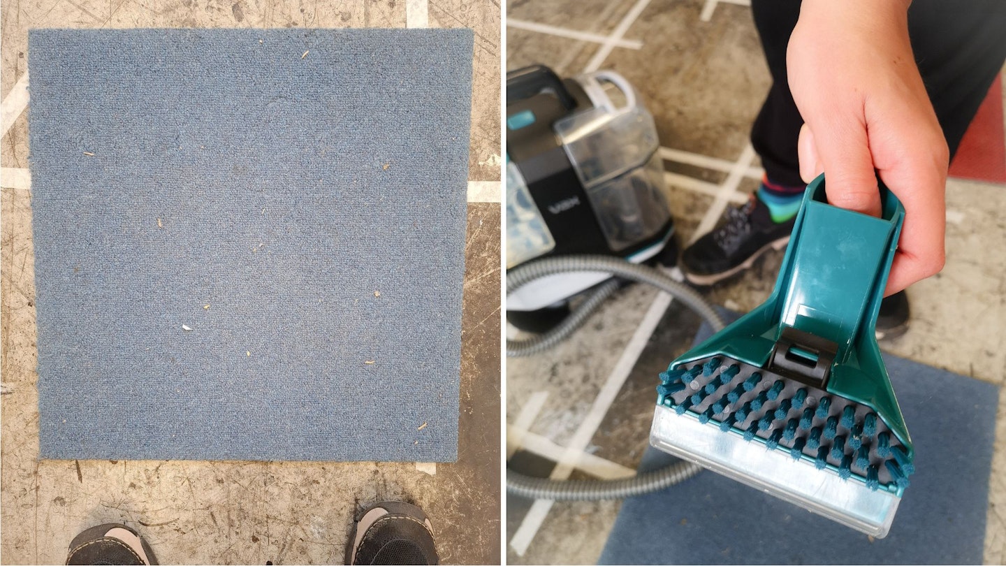 VAX SpotWash Max Pet-Design spot cleaner with messy clean up tool on a carpet tile - before and a close up of the underside of the messy clean up tools antimicrobial bristles