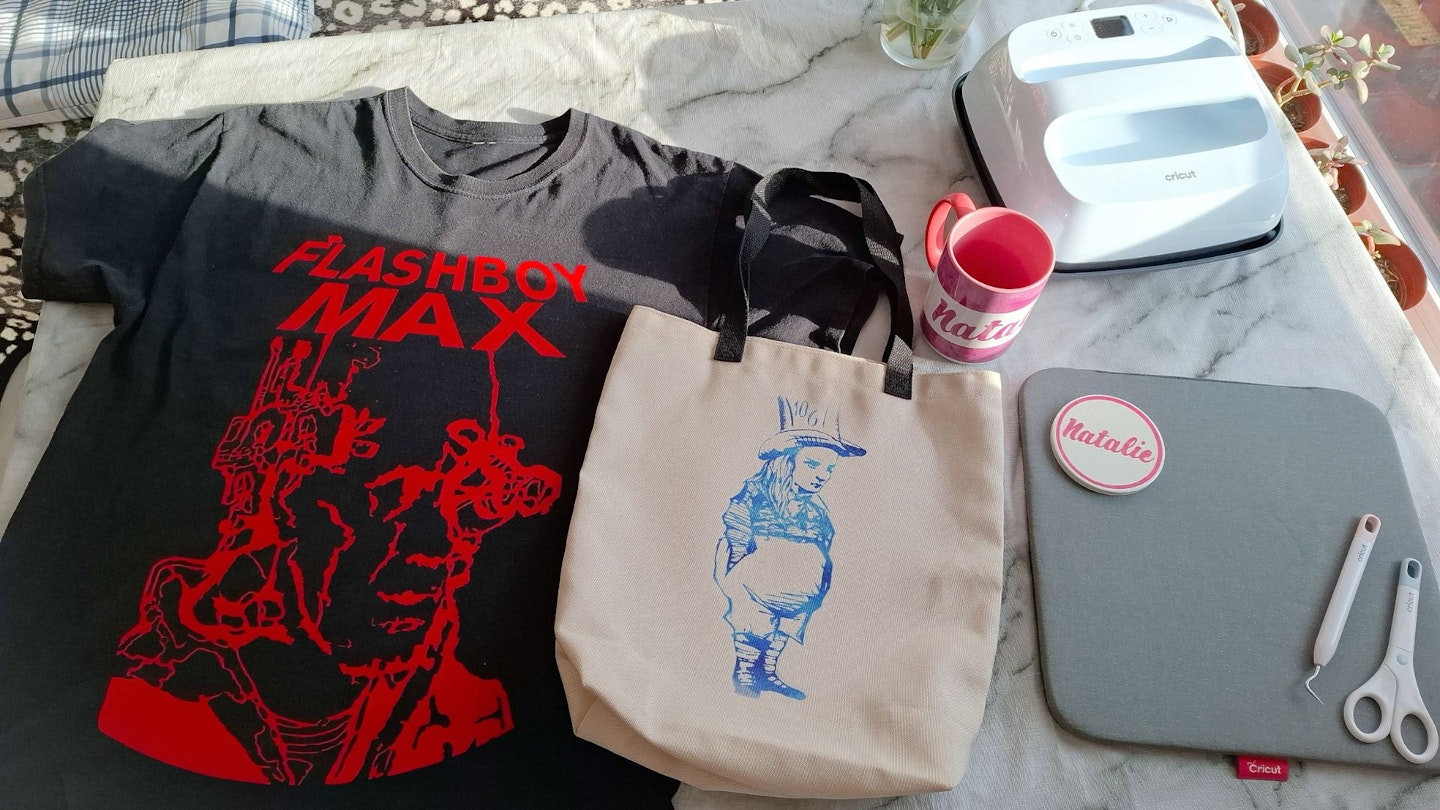 Natalie's custom t-shirt, tote bag, mug and coaster made with Cricut heat presses