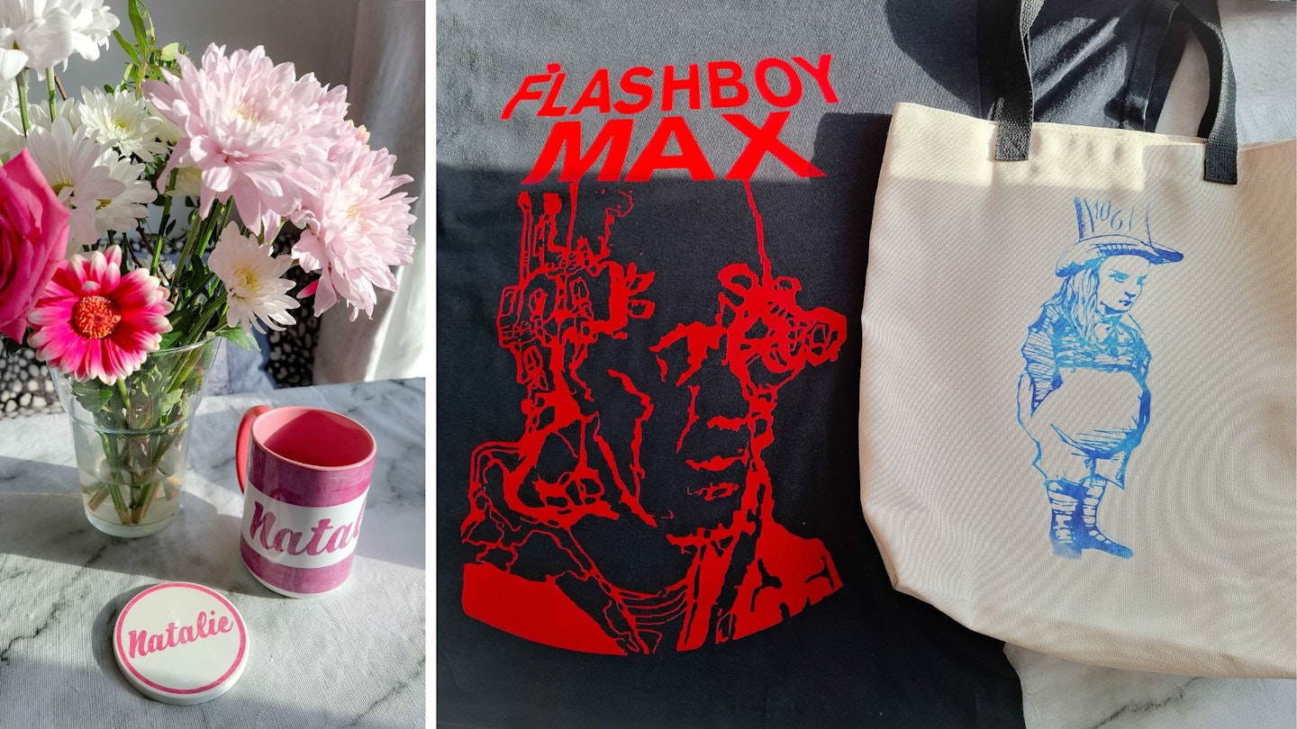 Personalised mug and coaster, t-shirt and tote bag made by Natalie using Cricut heat presses