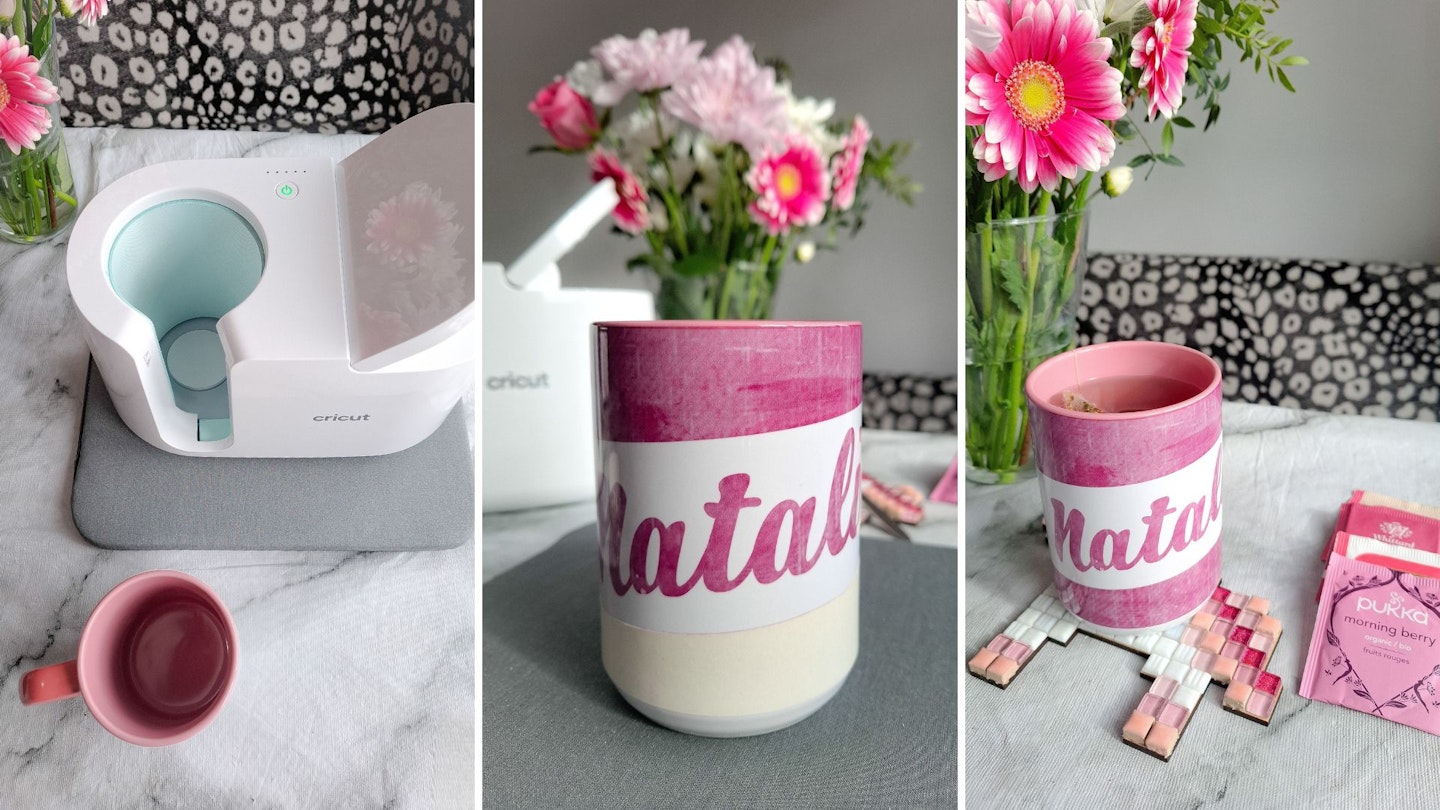 Revealing a personalised mug, made in the Cricut Mug Press