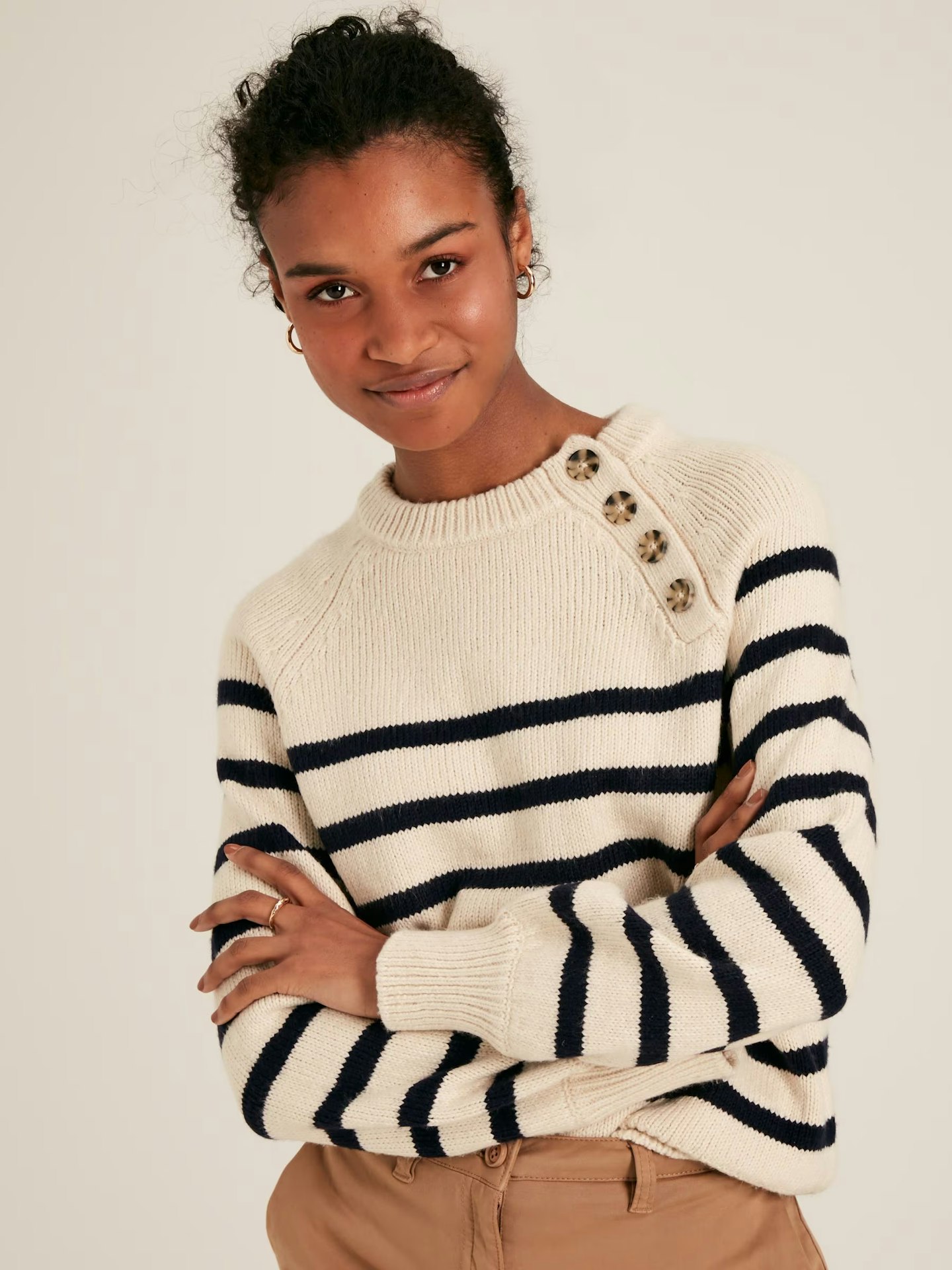 Agnes Cream & Navy Striped Button Neck Jumper