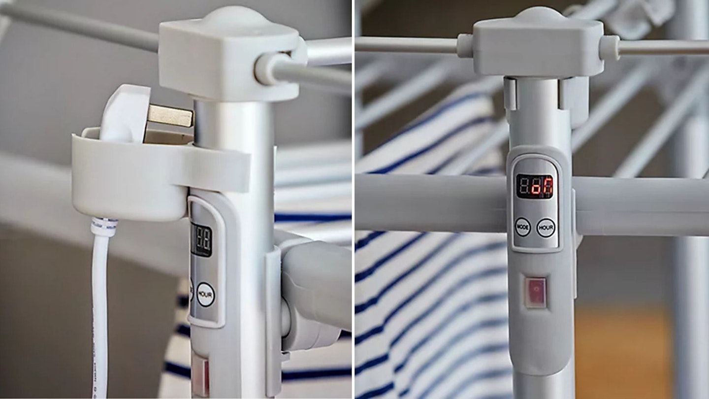 Tidy plug storage and simple controls on the Dry:Soon Deluxe 3-Tier Heated Clothes Airer