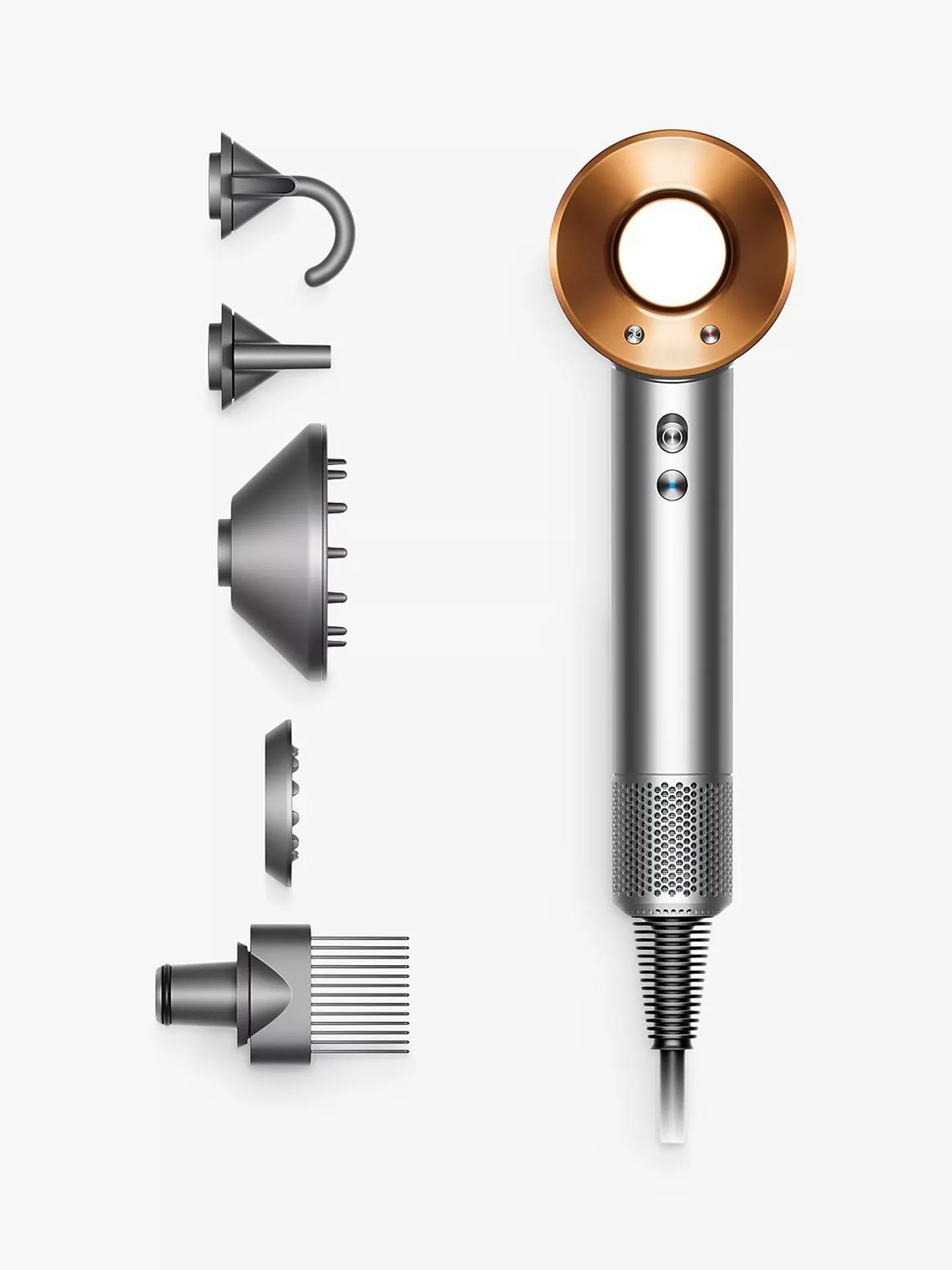 Different attachments that come along with the Dyson Supersonic Hair Dryer, Copper