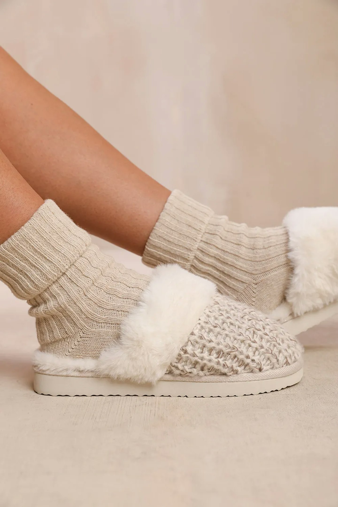 'Lounge' Slip On Knitted Slippers With Fur Trim