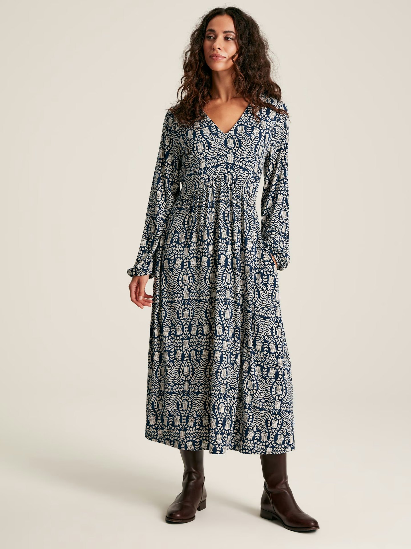 Nia Navy Blue Printed Long Sleeve Midaxi Dress With Pockets