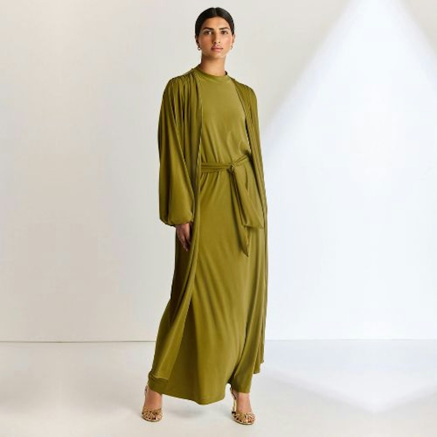  Olive Green Long Sleeve Scarf Maxi Dress