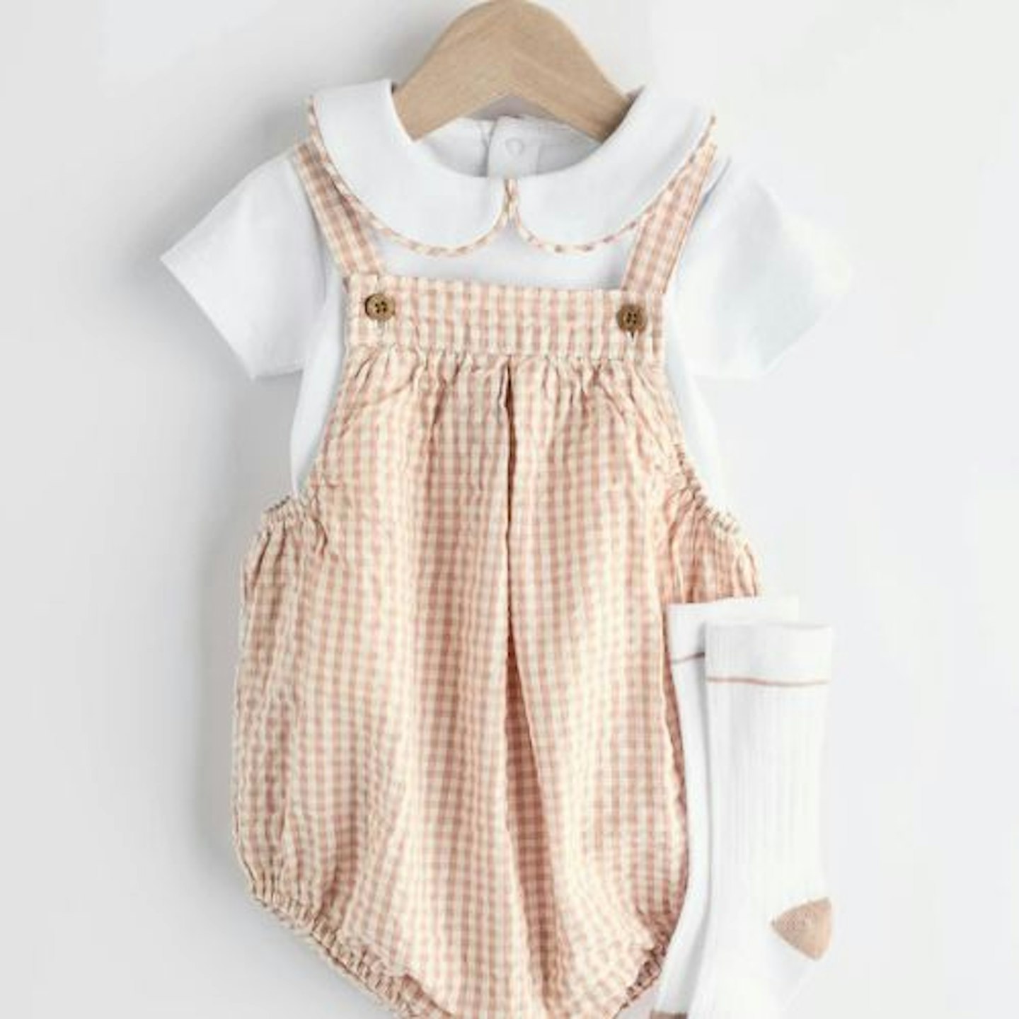 Neutral Gingham Woven Baby Bloomer Dungaree And Bodysuit Set