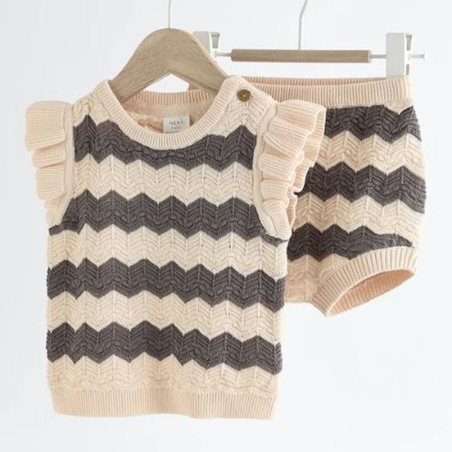 Tan Zig Zag Baby Crochet Cotton Top And Shorts Set