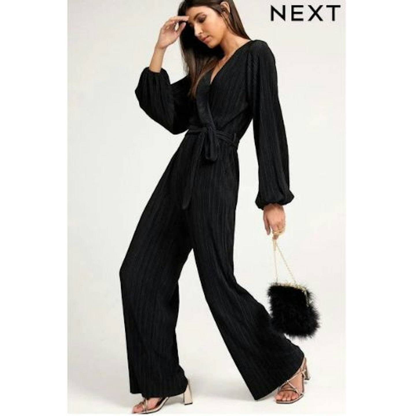 Wide Black Long Sleeve Plissé Jumpsuit