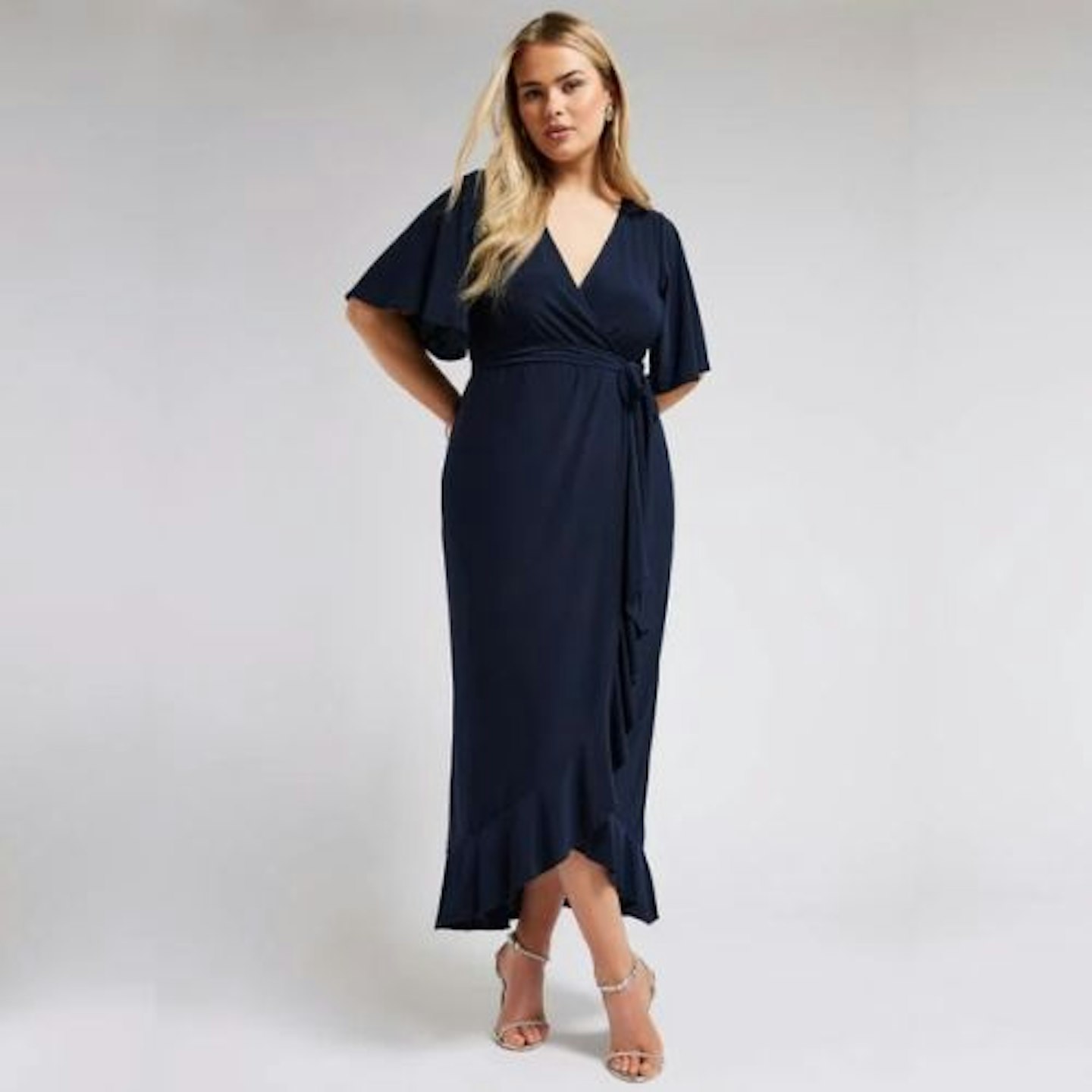 YOURS LONDON Curve Navy Blue Ruffle Hem Wrap Dress