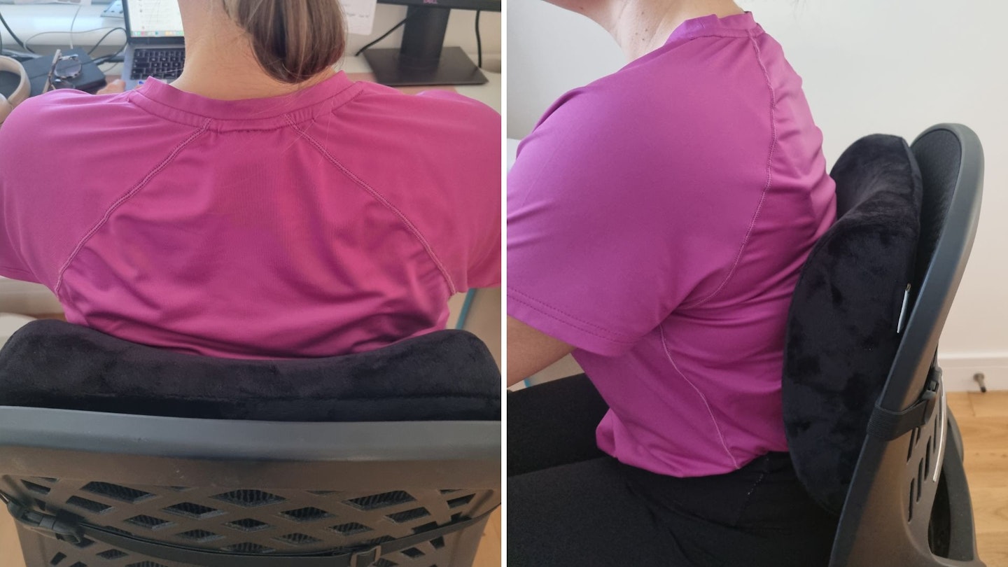 A tester demonstrates how a back support cushion keeps her back straight when working in front of a computer at a desk