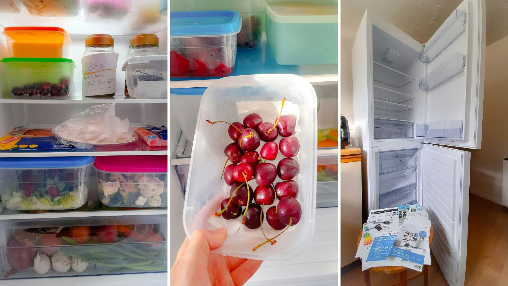 Organising a fridge using plastic containers for chopped vegetables and fruit