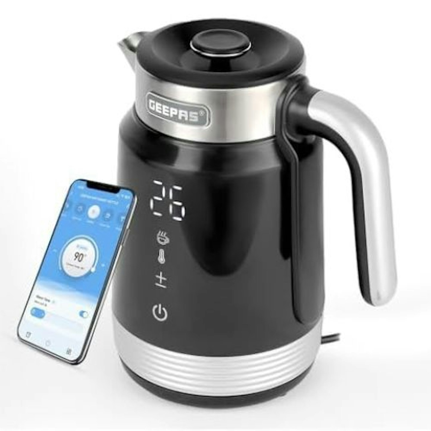 Geepas Smart Kettle and mobile phone showing app control