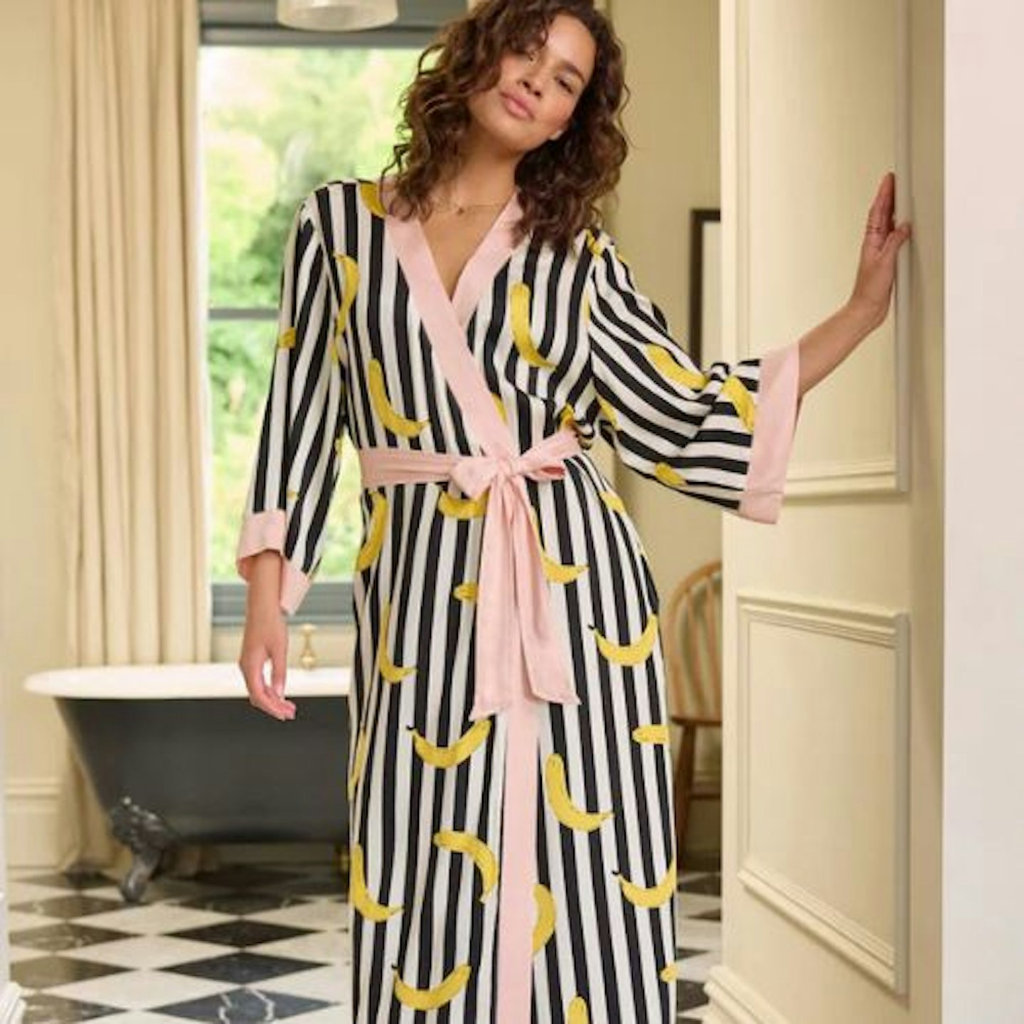 Rockett St George Monochrome Stripe Banana Print Woven Wrap Dressing Gown