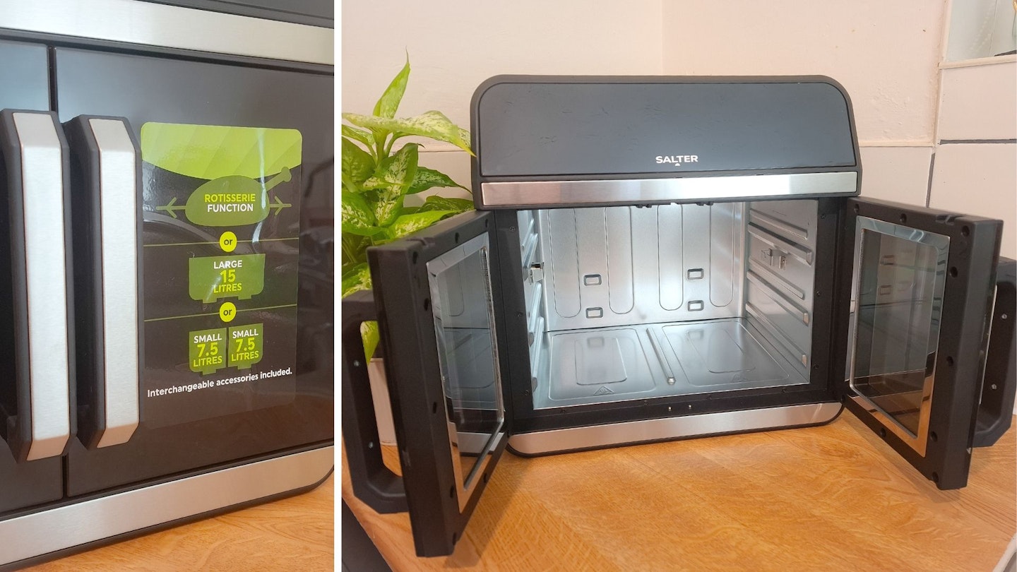 Interior cooking cavity of the Salter French-Door Style XL Air Fryer Oven and close up of door