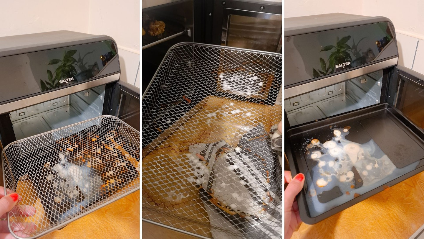 Grease and food build-up on the racks and trays of the air fryer