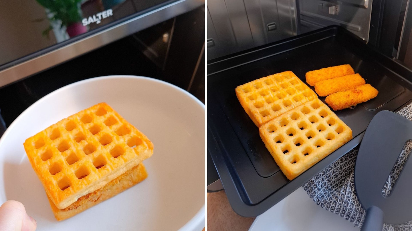 Potato waffles and fish fingers cooked in an air fryer