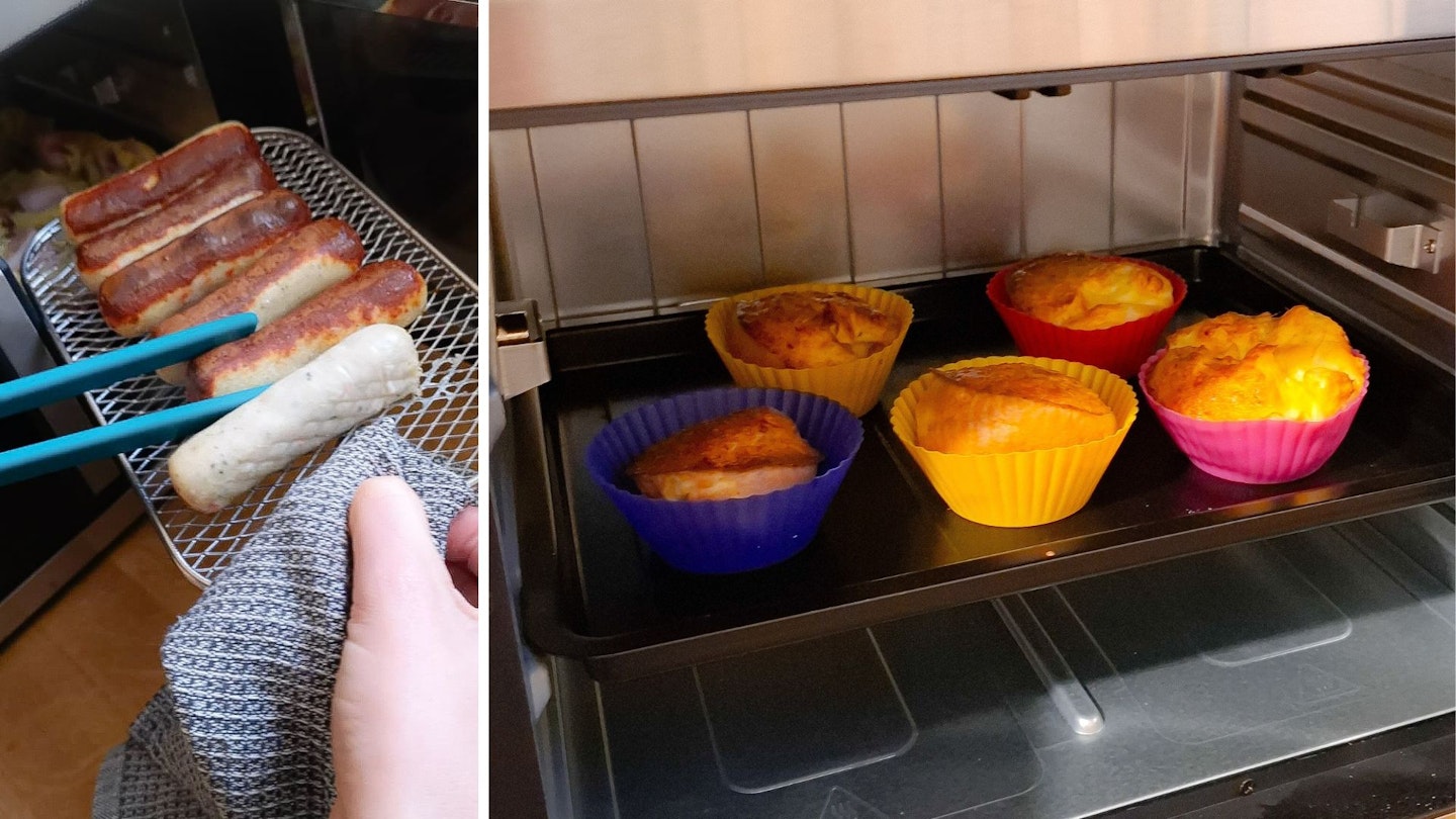 Sausages and homemade Yorkshire puddings being cooked in an air fryer