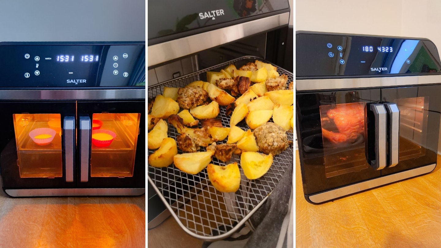 Cooking the elements of a roast dinner: Yorkshire puddings, roast potatoes and stuffing and a rotisserie chicken in an air fryer