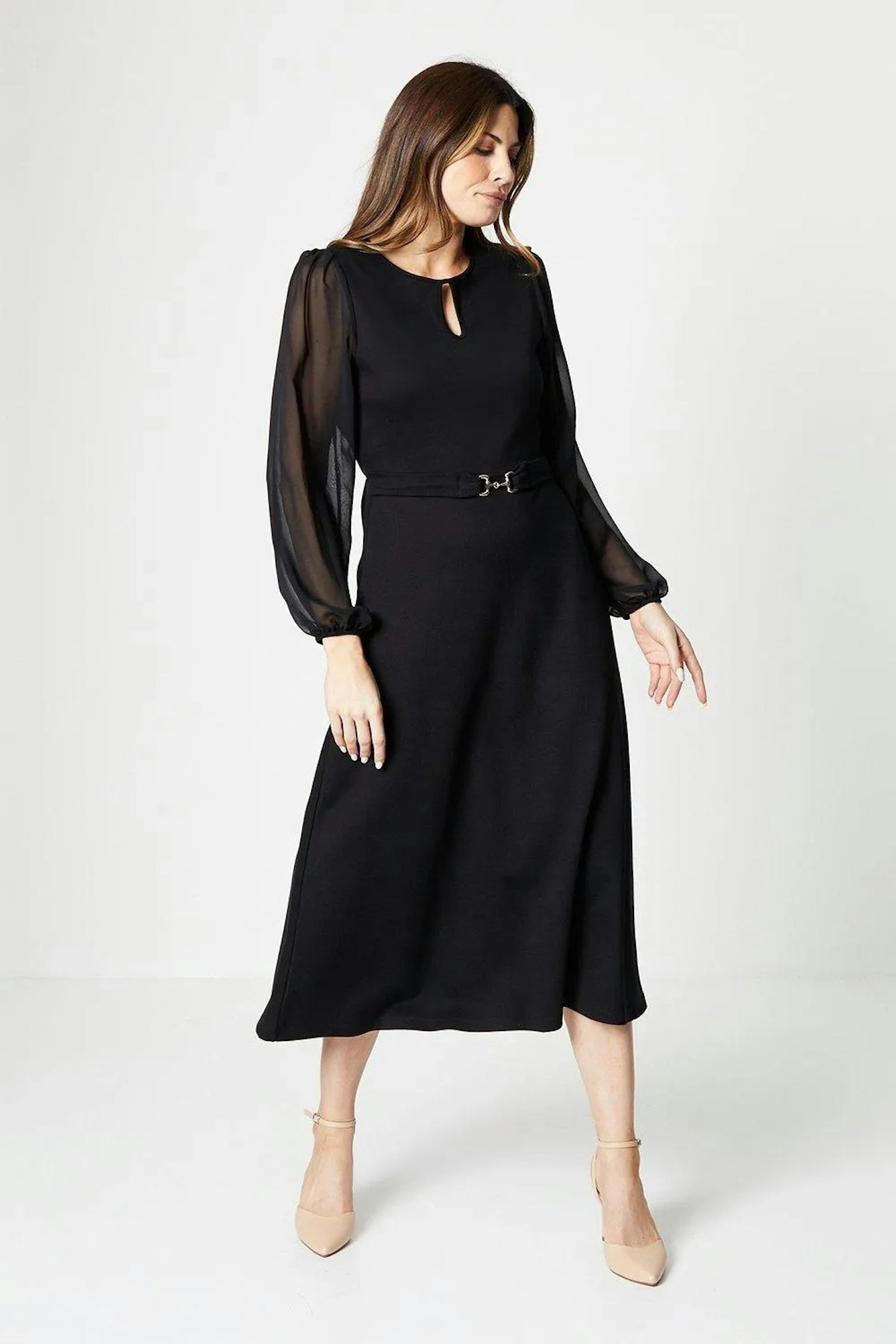 Wallis ponte A-line midi dress with chiffon sleeves