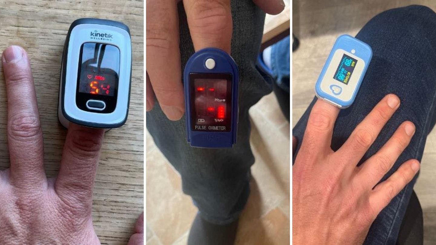 Three finger tip pulse oximeters on the fingers of testers. The oximeters are taking readings of blood oxygen and pulse rate.