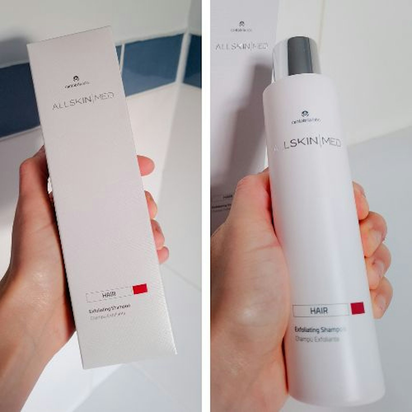 Packaging and bottle side-by-side ALLSKIN|MED Exfoliating Shampoo