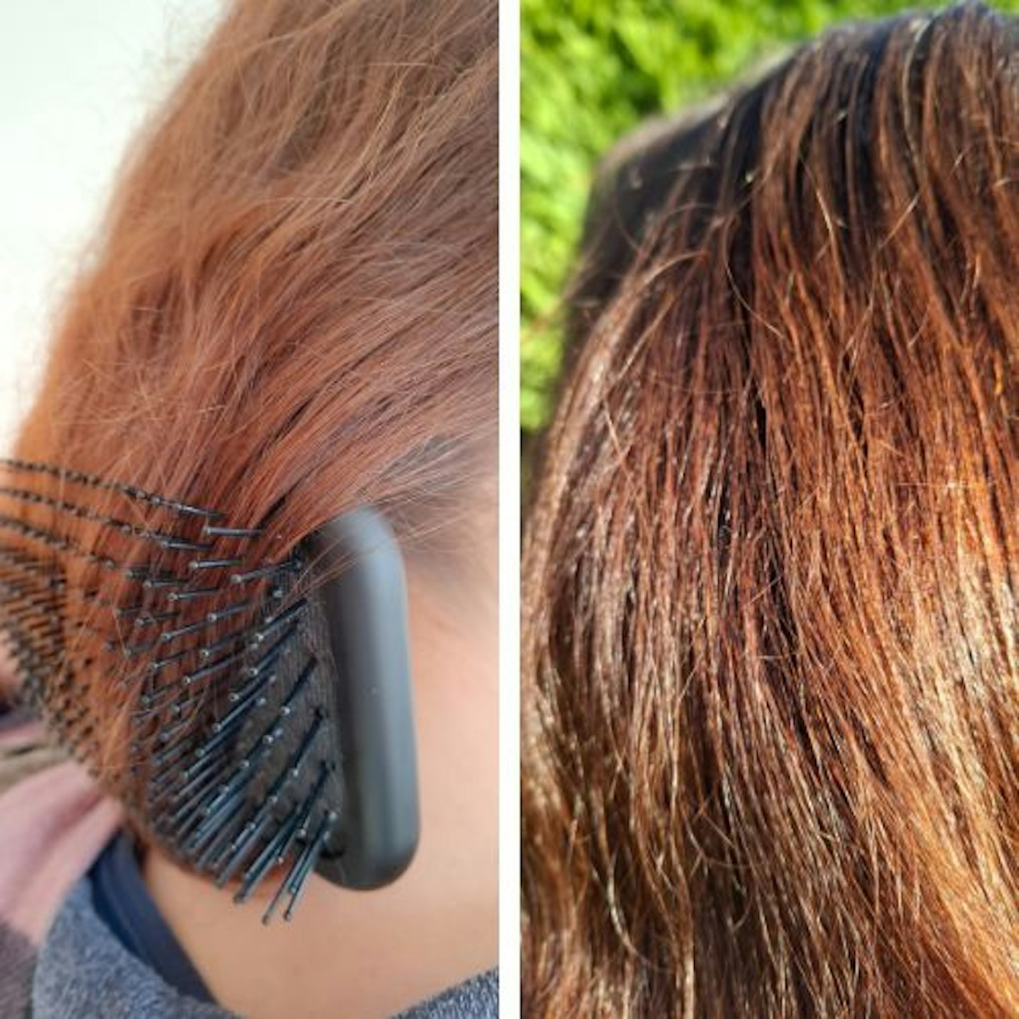 before and after of tester's bronzy hair, on the left dry and breaking as a brush is run through it. On the right, shiny and stronger in the sun.