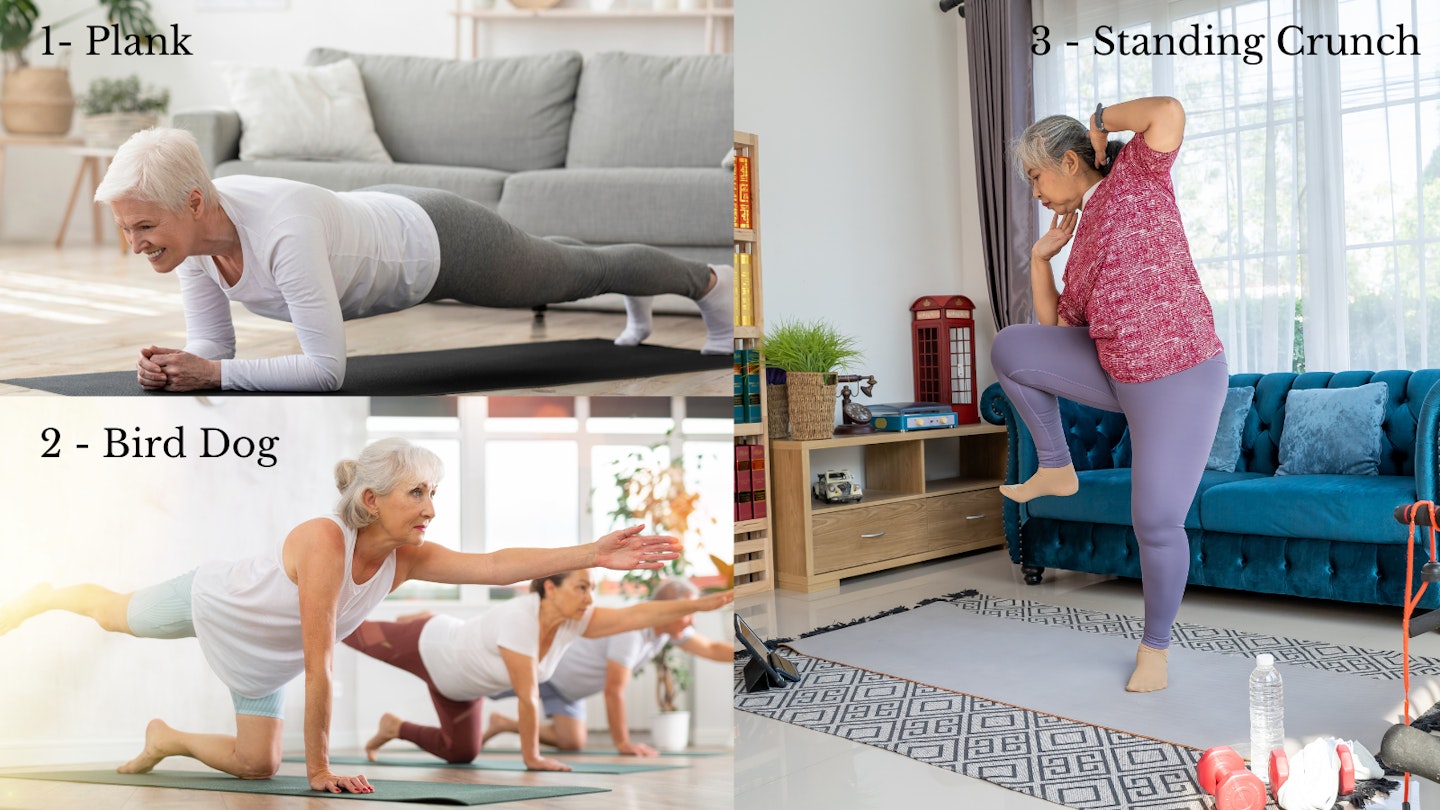 3 exercises - worn doing plank, woman doing bird dog and woman doing standing crunches