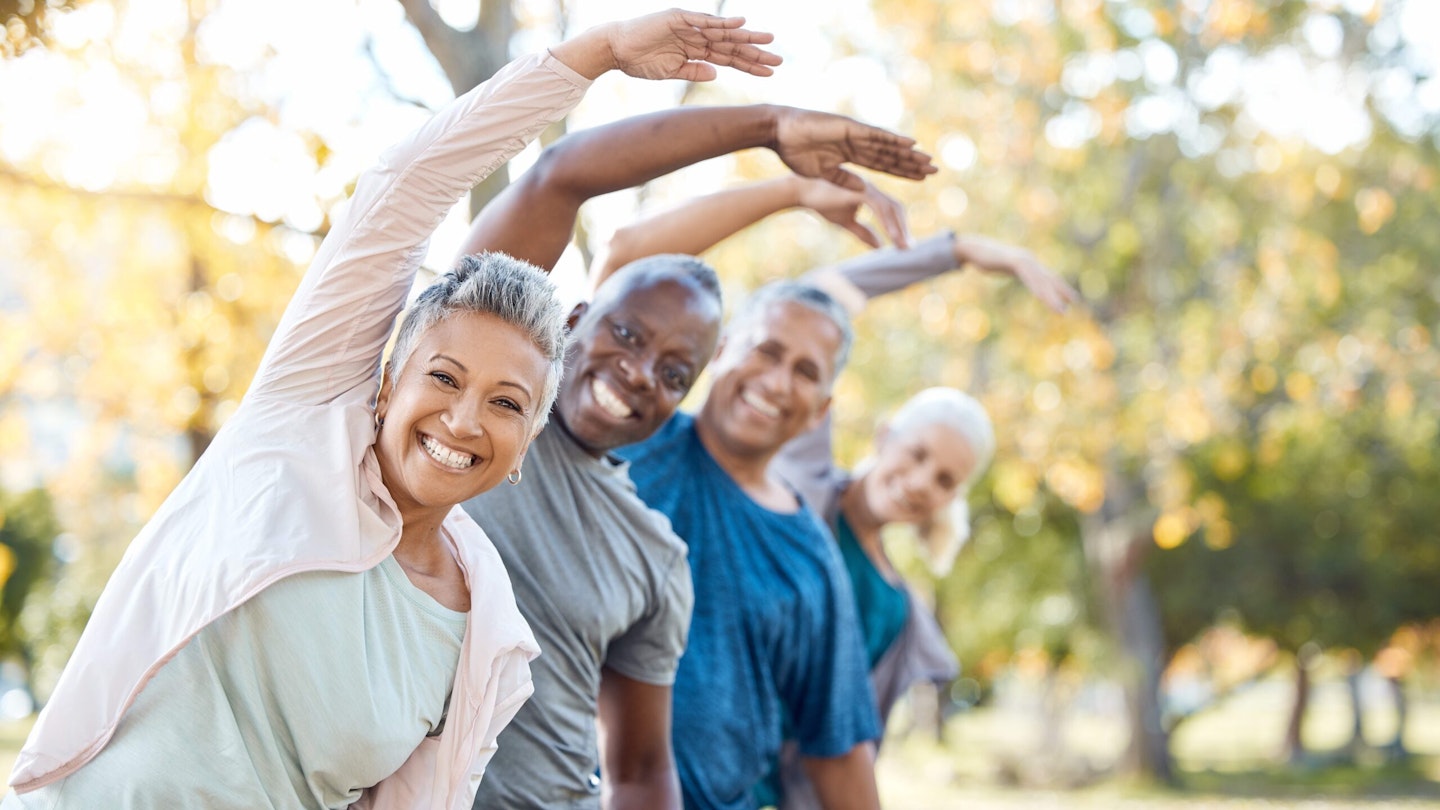 Group of 5 friends exercising in park doing side bends