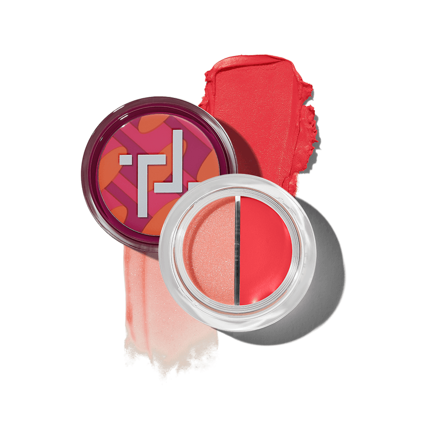 A pot of the Lip and Cheek T-Tones duo along with shade swatches