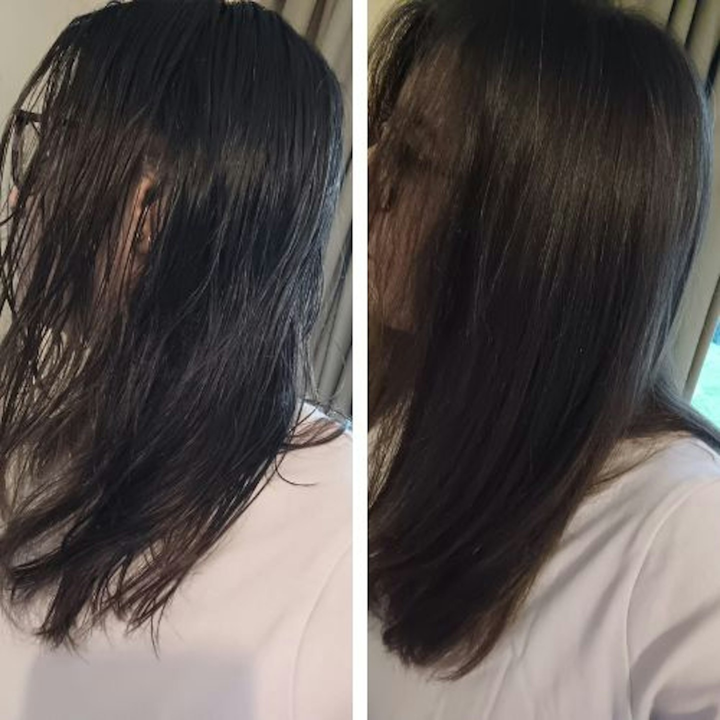 Tester's hair damp and styled comparion after using Neal & Wolf Daily Cleansing Shampoo