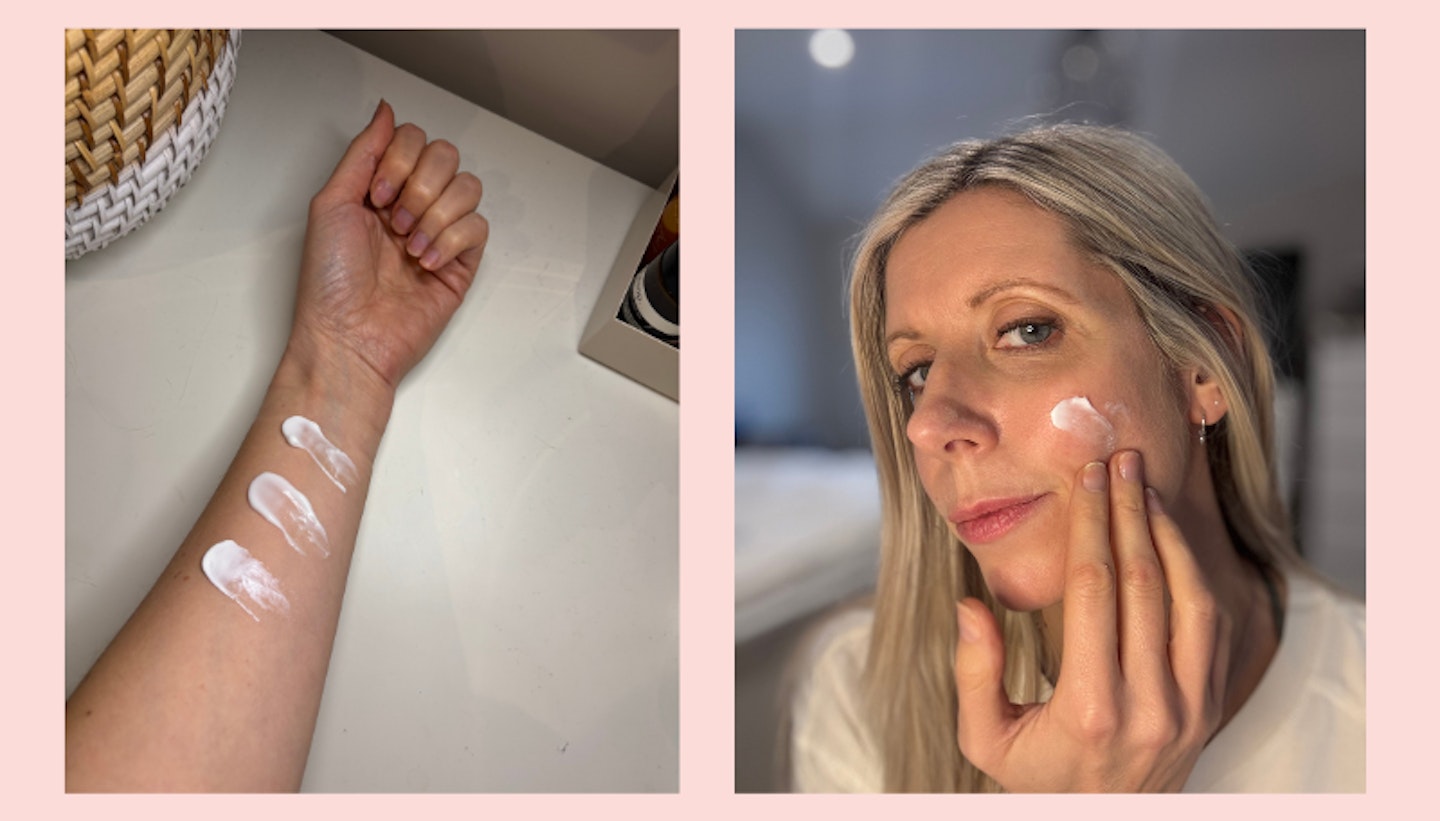 Author Claire Tapley testing moisturiser on her face and arm