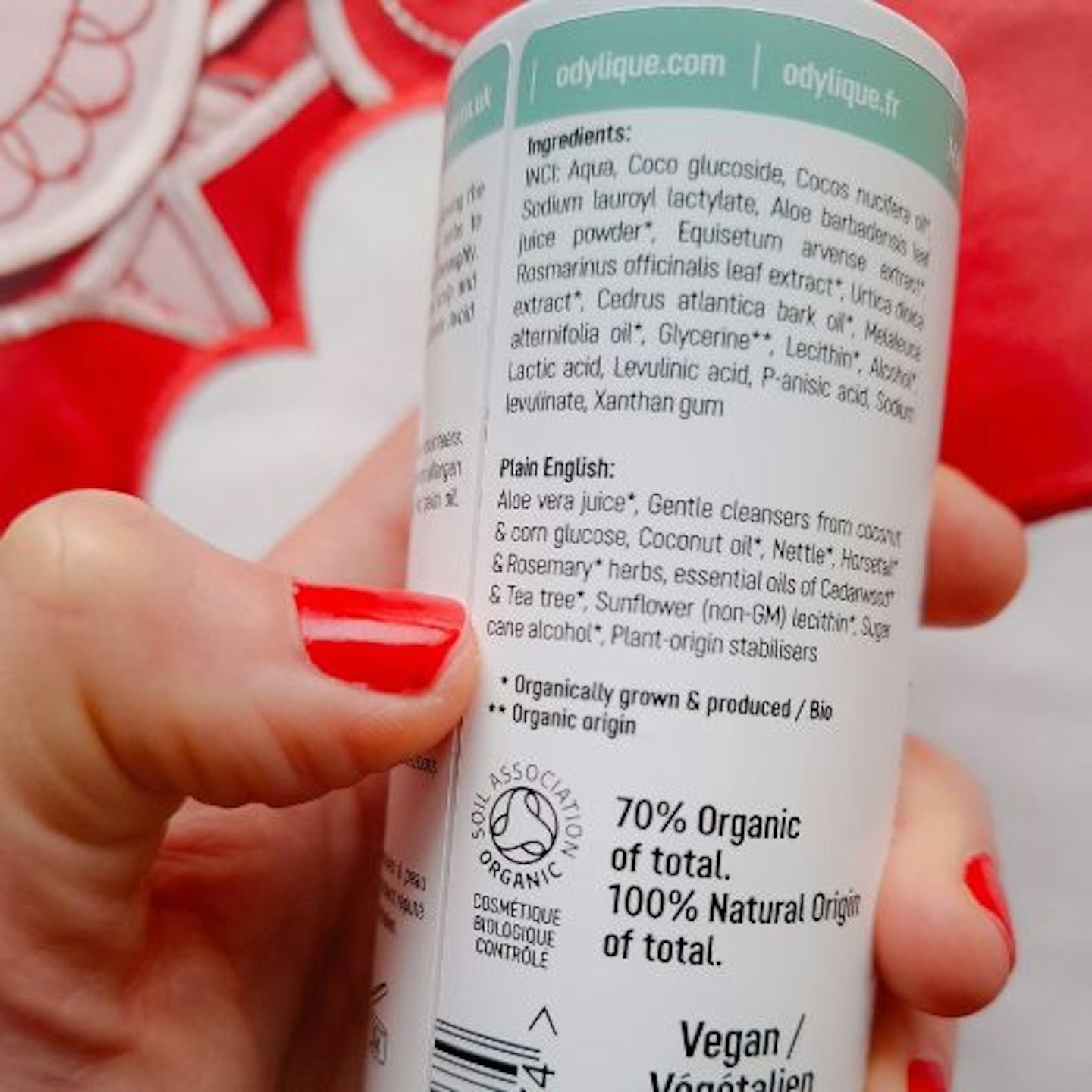 Close up of ingredients on Odylique Tea Tree Herb Shampoo bottle with scientific names and in plain english, red hearts background