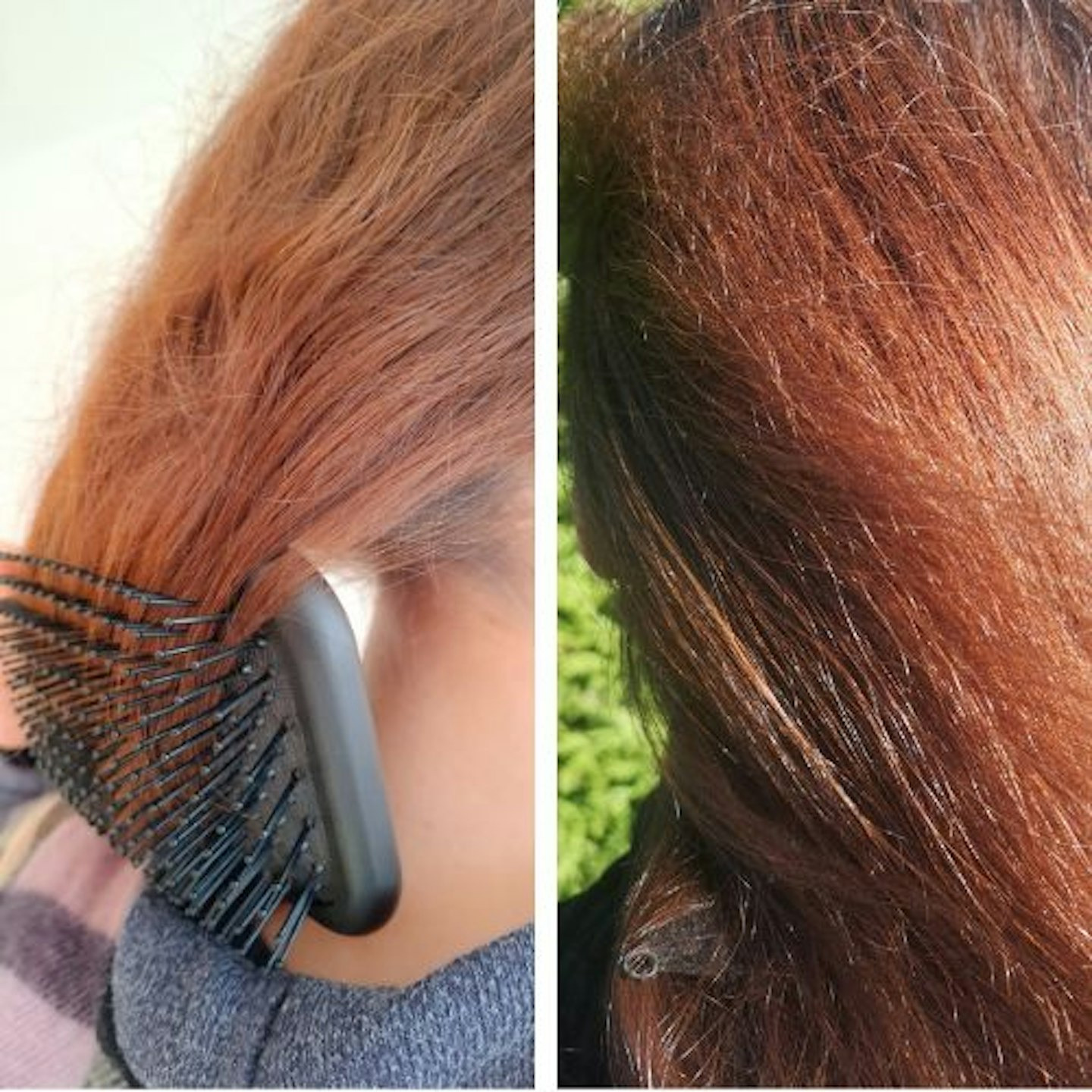 before and after of tester's auburn hair, dry and being brushed on the left, sleek and shining in the sun on the right