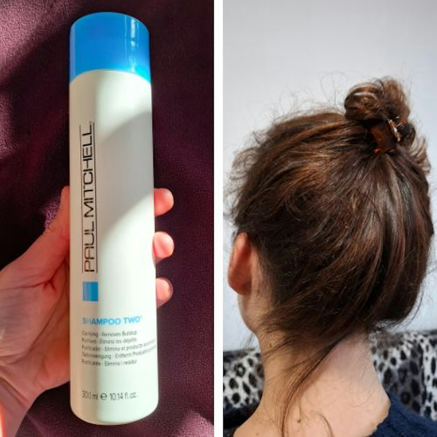 tester's hand holding a bottle of Paul Mitchell Clarifying Shampoo Two and a back view of tester's brown hair clipped up