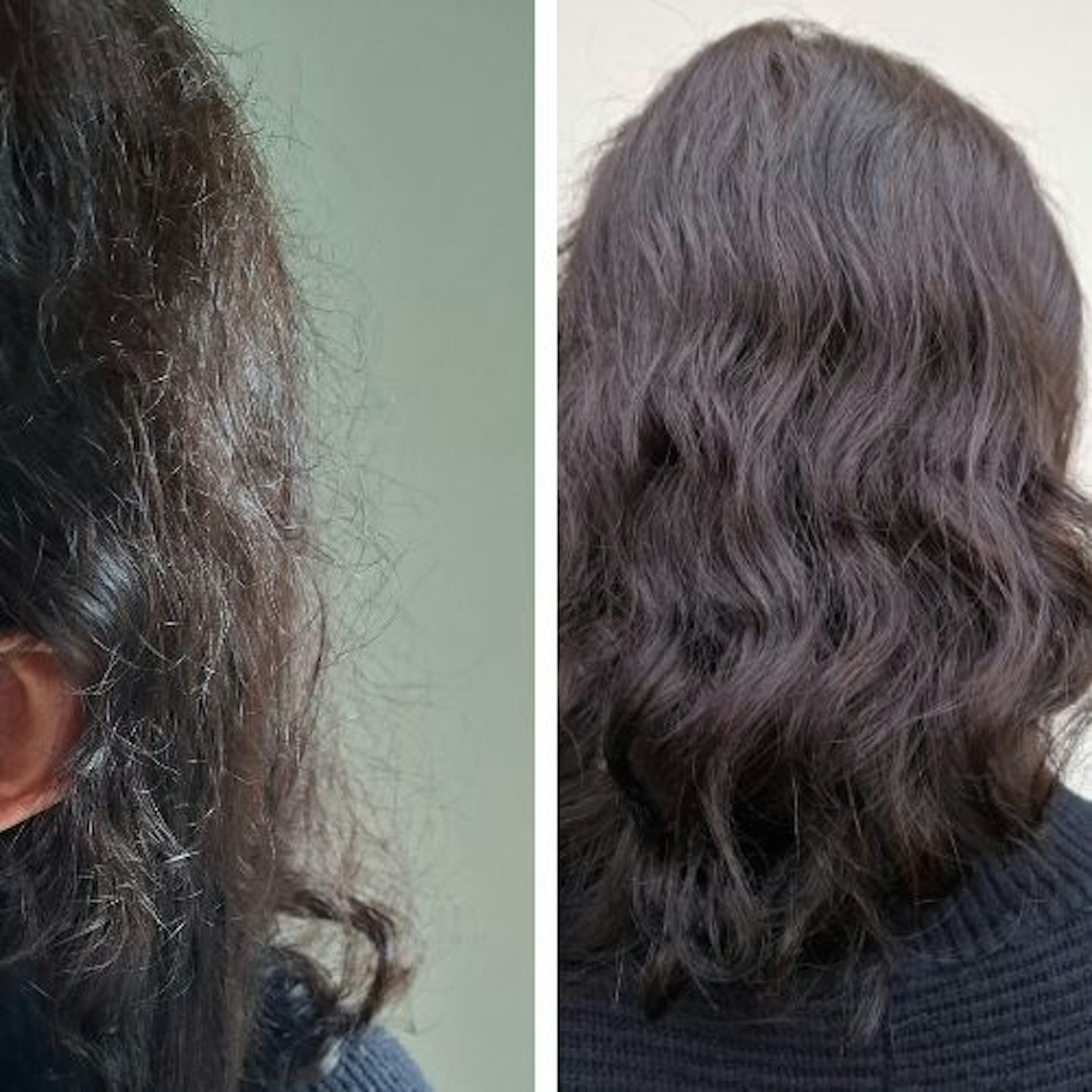 before and after of tester's hair, side by side, showing frizz and flyaways versus controlled and defined waved dark brown hair