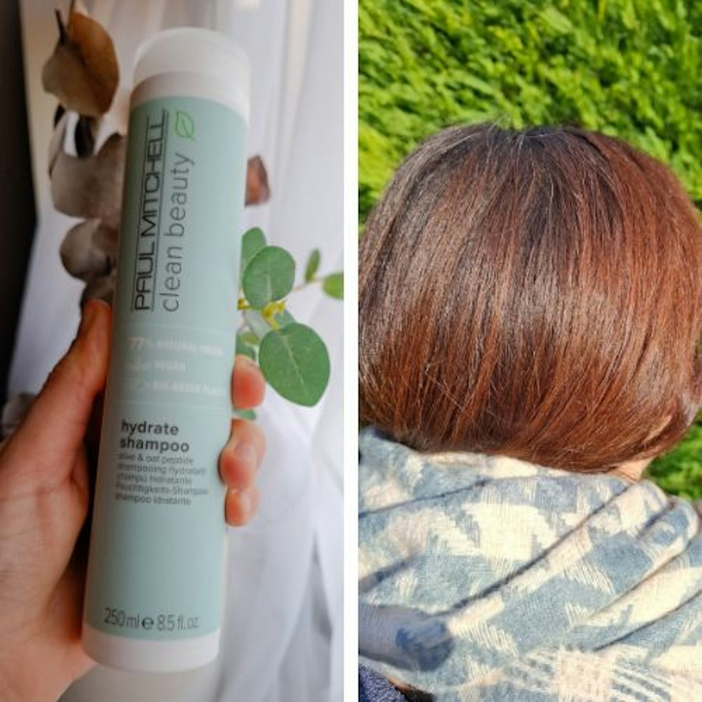 Photo of tester holding the bottle of Paul Mitchell Clean Beauty Hydrate Shampoo and showing the tester's smooth and glossy auburn hair