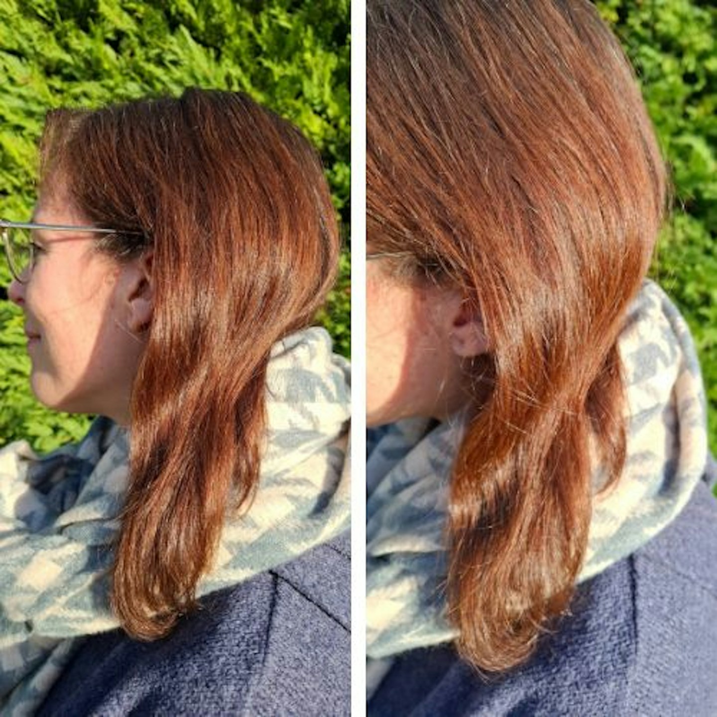 Two side views of the tester's hair, shiny and glossy in sunlight