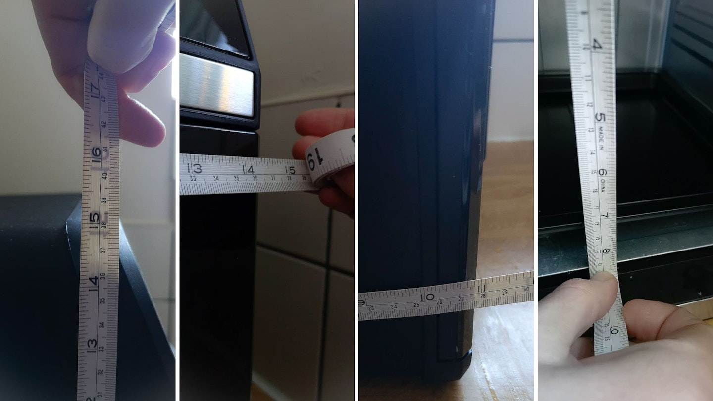 the dimensions of the air fryer oven shown using a measuring tape